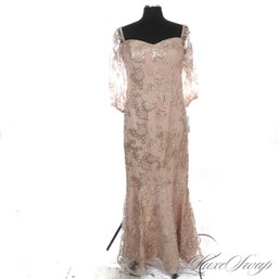 BRAND NEW WITH TAGS $880 TERI JON BLUSH CHAMPAGNE FULL SEQUIN EMBROIDERED MESH LACE EVENING GOWN 12