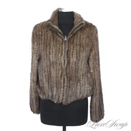 BRAND NEW WITHOUT TAGS GENUINE VISON MINK BROWN MOTTLED CROCHET KNITTED ZIP JACKET FITS ABOUT M