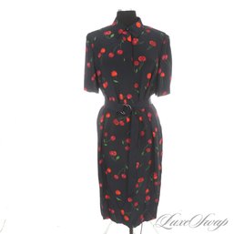 MULTI THOUSAND DOLLAR NEAR MINT AKRIS SWITZERLAND BLACK CHIFFON SILK CHERRY PRINT CAP SLEEVE LONG DRESS 16