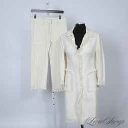 EXCEPTIONAL AND SUPER EXPENSIVE BRAND NEW GEORGINA MILK WHITE FRINGED BIAS TWILL LONG COAT / PANT ENSEMBLE