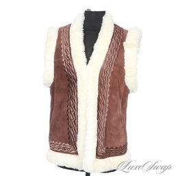 #8 BRAND NEW WITHOUT TAGS AFGHAN BROWN SUEDE EMBROIDERED SHEEPSKIN SHEARLING FUR BOHO VEST FITS ABOUT L