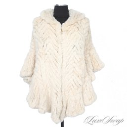 BRAND NEW WITHOUT TAGS BELLE FAIR VANILLA FULL GENUINE FUR CROCHET KNITTED ZIP CAPE PONCHO FITS ABOUT L