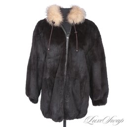 BRAND NEW WITHOUT TAG REVERSIBLE ESPRESSO SHEARED MINK / FOX FUR TRIM HOODED LEATHER CINCHWAIST COAT S