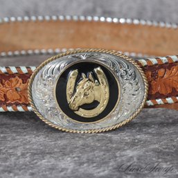 #4 EXCEPTIONAL AND I MEAN FANTASTIC BROWN HAND TOOLED LEATHER GOLD / SILVER HORSEHEAD BUCKLE WESTERN BELT 38