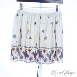 BOHO LUXE SEA NEW YORK 100 PERCENT SILK EGGSHELL BLUE WINE SOUTHWESTERN PRINT ELASTIC WAIST CHIFFON SKIRT 4