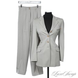 $2000 LUCIANO BARBERA MADE IN ITALY STONE GREIGE TROPICAL WOOL 2 PIECE JACKET / PANTS SUIT 44 EU