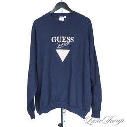 SCARCE ORIGINAL VINTAGE AUTHENTIC GUESS MADE IN USA NAVY BLUE EMBROIDERED LOGO CREWNECK SWEATSHIRT XXL
