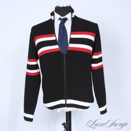 NEAR MINT AND EXPENSIVE TOP TIER WOMENS MICHAEL KORS COLLECTION B/W AND RED STRIPED ZIP CARDIGAN S