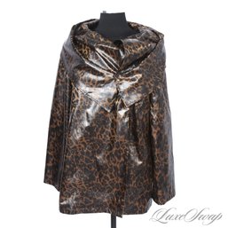 NEAR MINT POSSIBLY UNWORN JOSEPH RIBKOFF MADE IN CANDA BROWN JAGUAR PRINT GLOSSED BIG COLLAR SLICKER COAT 8