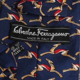 #2 FATHERS DAY PERFECT! SALVATORE FERRAGAMO MADE IN ITALY NAVY BLUE JUMPING ELK ANIMAL MOTIF MENS SILK TIE