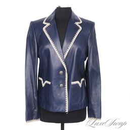 $1.5K NEAR MINT ST. JOHN COLLECTION INK BLUE / PURPLE ECRU MACRAME EMBROIDERED TRIM BLAZER JACKET 12