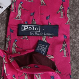 #4 FATHERS DAY PERFECT! UNMISSABLE POLO RALPH LAUREN HAND MADE HOT PINK GOLFER GOLF MOTIF SILK MENS TIE