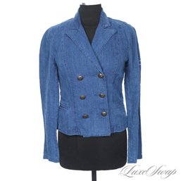 SUMMER PERFECT RALPH LAUREN INDIGO BLUE GARMENT DYED ANCHOR EMBROIDERED SLEEVE DOUBLE BREASTED JACKET S