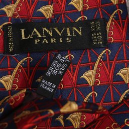 #18 FATHERS DAY PERFECT! LANVIN PARIS MADE IN FRANCE NAVY BLUE RED AND GOLD DECO ORMOLU MOTIF SILK MENS TIE