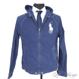 SPRING PERFECT MENS POLO RALPH LAUREN GARMENT WASHED NAVY BLUE 'BIG PONY' HOODED TUMBLED JACKET M