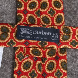 #21 FATHERS DAY PERFECT! BURBERRY MADE IN FRANCE RUBY RED GOLD AND GREEN NEAT FLORET MOTIF SILK MENS TIE