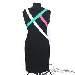 BRAND NEW WITH TAGS CALVIN KLEIN BLACK CREPE DRESS WITH TRIPLE COLOR CROSSOVER BUST 8