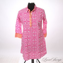 NORTH SHORE / CONNECTICUT DEFINED! NEAR MINT GRETCHEN SCOTT WHITE/ PINK MAZE PRINT TUNIC DRESS WITH POCKETS! S