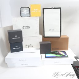 LARGE LOT OF DESIGNER AND LUXURY BOXES INCLUDING MCQUEEN, GUCCI, APPLE, BREITLING AND MORE