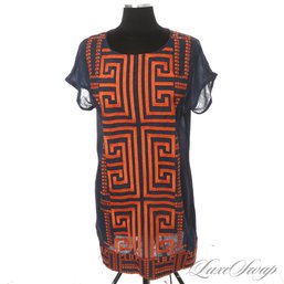 YOU LOOK ABSOLUTE FIRE, POOKIE! (AND SEBASTIAN) NAVY BLUE ORANGE FULLY EMBROIDERED SACK DRESS L