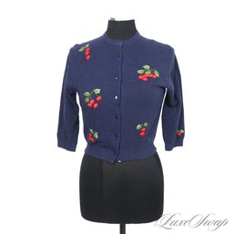 ADORABLE AND WELL MADE VINTAGE TERESAS NAVY BLUE WOOLEN KNIT CHERRY EMBROIDERED SILK CREPE LINED CARDIGAN