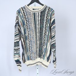 REAL DEAL VINTAGE ANONYMOUS WHITE/TEAL/MULTI COOGI STYLE WAVE AUSTRALIAN EMBROIDERED CREWNECK SWEATER MENS