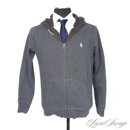 SUPER SOLID MENS POLO RALPH LAUREN CHARCOAL GREY SOFT FLEECE LINED WAFFLEKNIT HOODED FULL ZIP HOODIE M