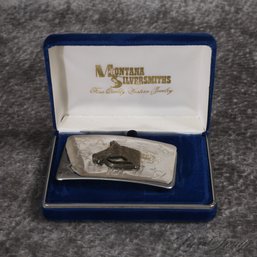 GORGEOUS AND HIGHLY ORNATE MONTANA SILVERSMITHS SILVER BELT BUCKLE WITH CRYSTAL INLAY AND BRONZE HORSE