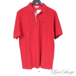 THE ONE EVERYONE WANTS! MENS AUTHENTIC BURBERRY SOLID RED TARTAN NOVACHECK TRIM POLO SHIRT XL