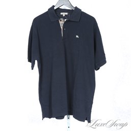 #2 THE ONE EVERYONE WANTS! MENS AUTHENTIC BURBERRY SOLID NAVY TARTAN NOVACHECK TRIM POLO SHIRT XL