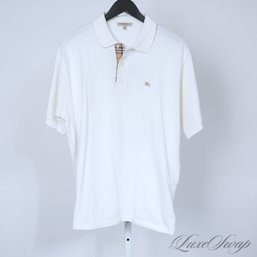 THE ONE EVERYONE WANTS! MENS AUTHENTIC BURBERRY SOLID WHITE TARTAN NOVACHECK TRIM POLO SHIRT L