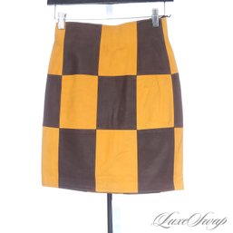 #480 BRAND NEW WITH TAGS LATINI / MARIA VITTORIA MADE IN ITALY MARIGOLD / BROWN CHECKERBOARD LEATHER SKIRT 40