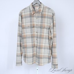 #1 RECENT AND NEAR MINT MENS FAHERTY BRAND GREY AND TOAST MOCHA ULTRASOFT FLANNEL PLAID BUTTON DOWN SHIRT L