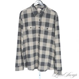 #2 RECENT AND NEAR MINT MENS FAHERTY BRAND GREY AND TAUPE BUFFALO CHECK FLANNEL PLAID BUTTON DOWN SHIRT L