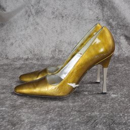 #2 INSANELY COOL TIMOTHY HITSMAN GOLD INFUSED OLIVE GREEN PEARLESCENT PATENT LEATHER PUMPS SHOES 8