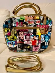 New With Tags Magazine Print Patent Gold Bowler Handbag With Detachable Shoulder Strap