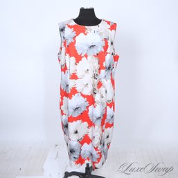 SPRING FRESH AND NEAR MINT CALVIN KLEIN CORAL APEROL ORANGE AND GREY WATERCOLOR FLORAL STRETCH DRESS