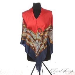 ABSOLUTELY STUNNING RALPH LAUREN RED/NAVY MULTI SILK EQUESTRIAN SCARF PRINT PONCHO CAPE