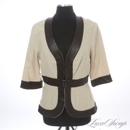 BRAND NEW WITH TAGS $324 ALICE AND OLIVIA MADE IN NYC SAND LINEN BLEND AND CHOCOLATE LEATHER TRIM JACKET L
