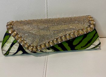 New Without Tags Green Black Tribal Print Clutch With Gold Stone Flap Clutch Evening Bag