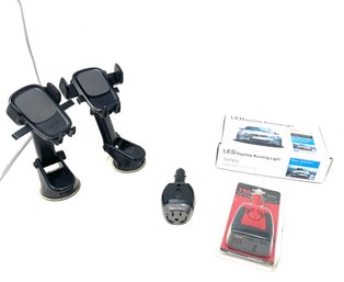 MEGA EXPENSIVE LOT OF CAR TECH ACCESSORIES INCL IOTTIE PHONE STANDS, CAR CHARGES, & RUNNING LIGHT