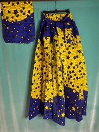 New Without Tags Anonymous Yellow And Blue Star Cotton Ethnic Elastic Waist Skirt One Size  With Scarf