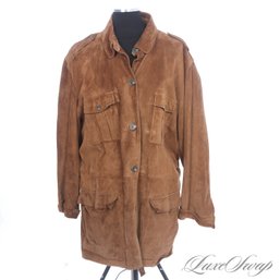 A HEAVYWEIGHT RALPH LAUREN TOBACCO BROWN FULL SUEDE LEATHER BELTED WOMENS FIELD COAT, FITS ABOUT XL