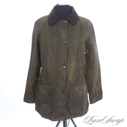 ICONIC BRITISH COUNTRY! BARBOUR OF ENGLAND WOMENS BEADNELL OLIVE WAXED COTTON COUNTRY COAT SIZE 8