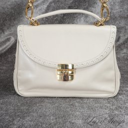 EXQUISITE AND NEAR MINT VINTAGE BALLY EGGSHELL CREAM BROGUED TRIM FLAP BAG WITH KELLY HANDLE AND STRAP
