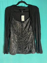 New With Tags Ashley Stewart Black And Silver Lurex Shimmer Ruched  With Hook And Eye Closure Blouse Size 18/2