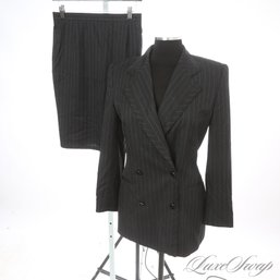 FANTASTIC ESCADA MADE IN GERMANY CHARCOAL GREY PINSTRIPE GLOSS BLACK BUTTON 2 PIECE SKIRT SUIT 36 EU