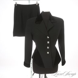 HIGH QUALITY ANONYMOUS MADE IN USA SILK BLEND BLACK CREPE VELVET TRIM BIG CRYSTAL BUTTON SKIRT SUIT 4