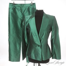 EXCEPTIONAL $1000 PLUS LUCA LUCA MADE IN ITALY 100 PERCENT SILK EMERALD GREEN SHANTUNG PANT SUIT 46/44 EU