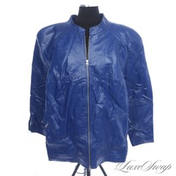PLUS SIZE : BRAND NEW WITH TAGS JESSICA LONDON DEEP COBALT BLUE FULL LEATHER MOTORCYCLE COAT JACKET 26
